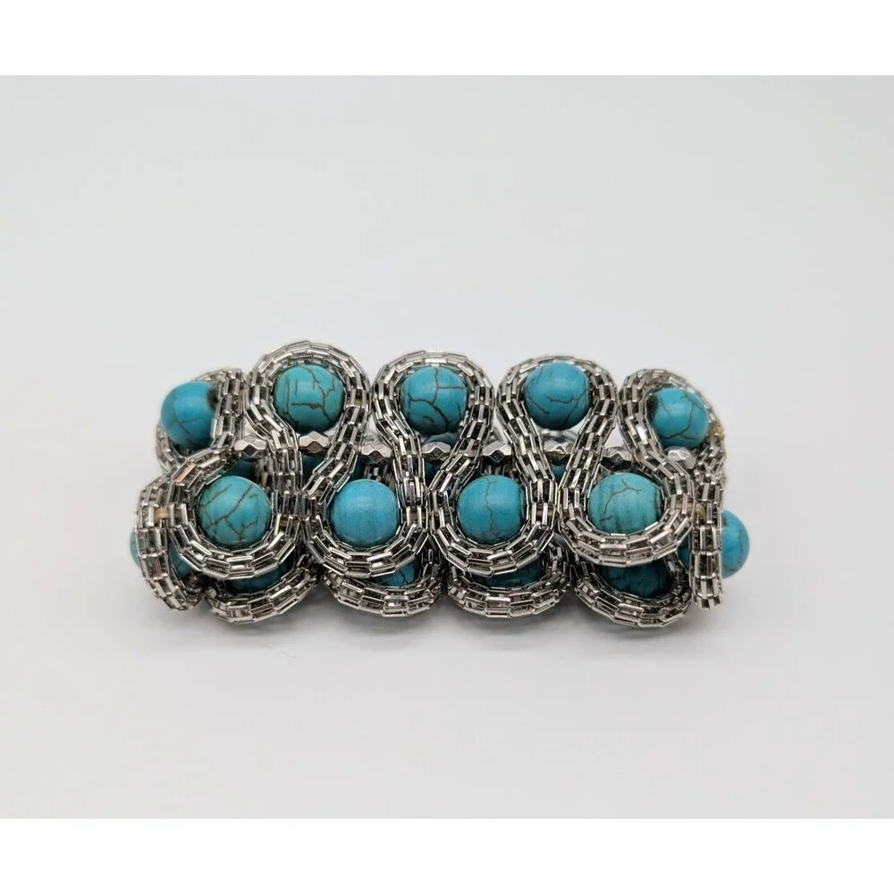 Faux Turquoise Bead Silver Tone Stretch Metal Bracelet Boho